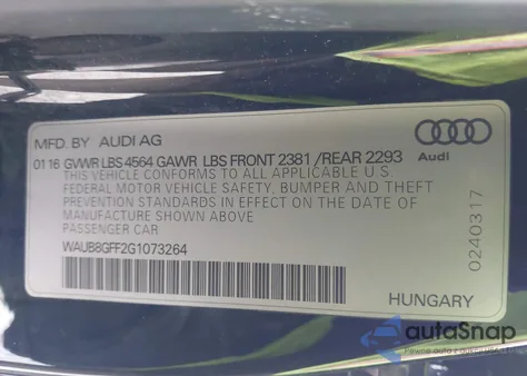 2016 Audi A3 2.0T Premium из США, поврежденный, VIN WAUB8GFF2G1073264